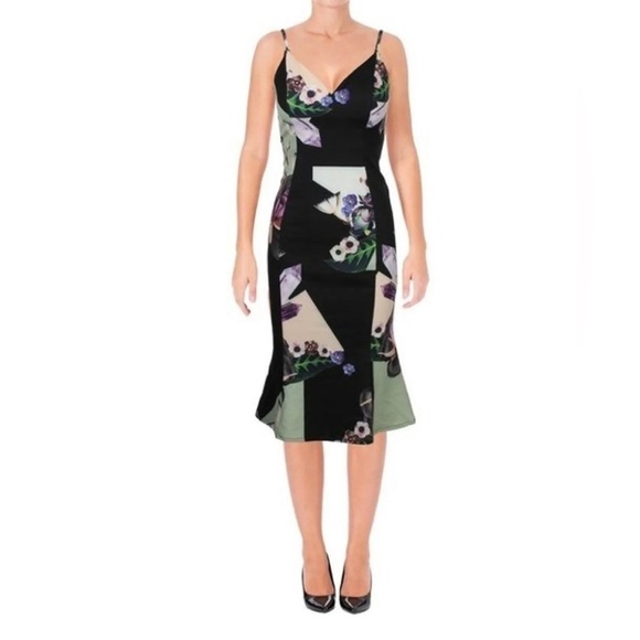 Bariano Australia Black Floral Tulip Hem Sheath MIDI Dress - Picture 1 of 10